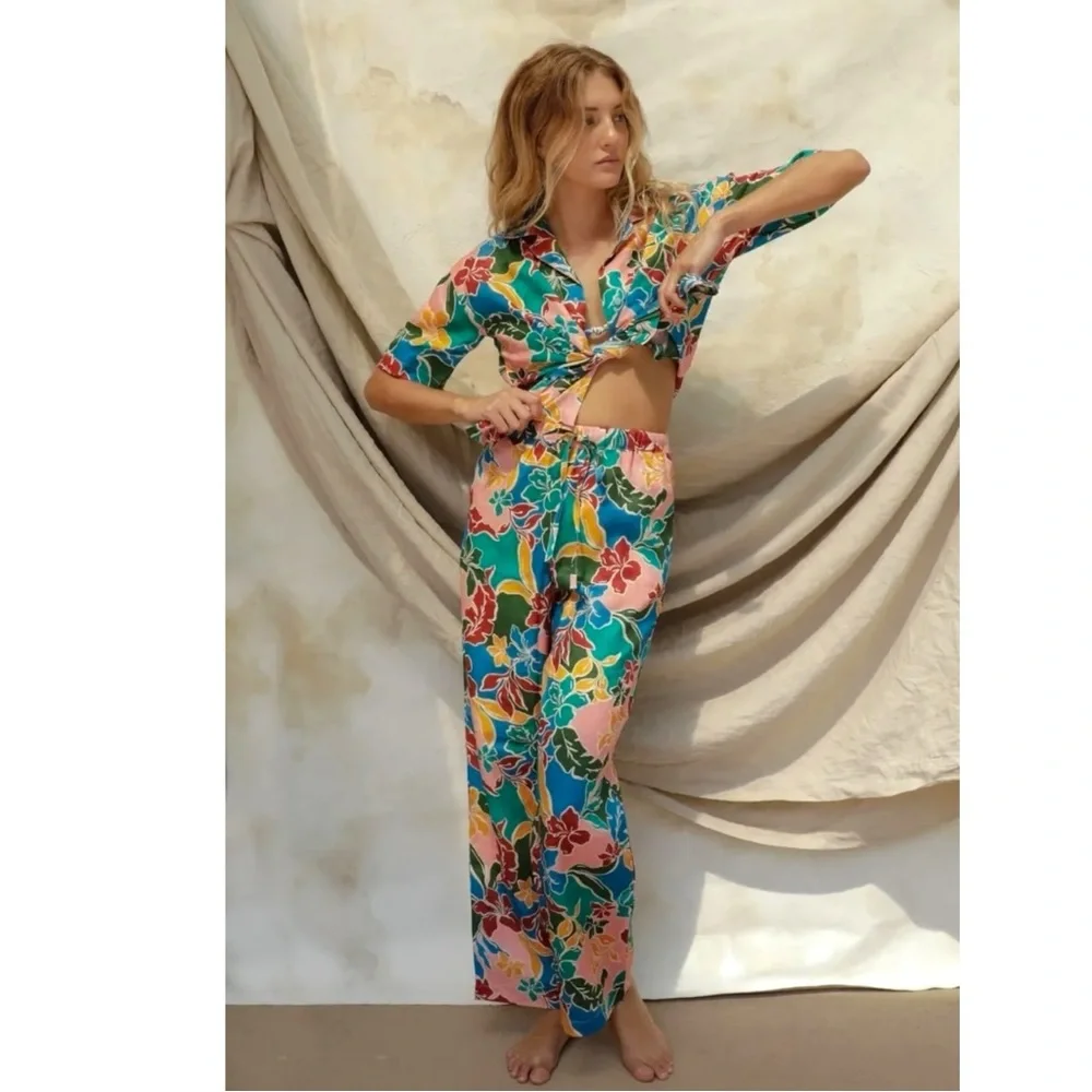 Stone Fox Swim X Free People Gita Linen Pants in Fiesta Floral XS Wide Leg NEW